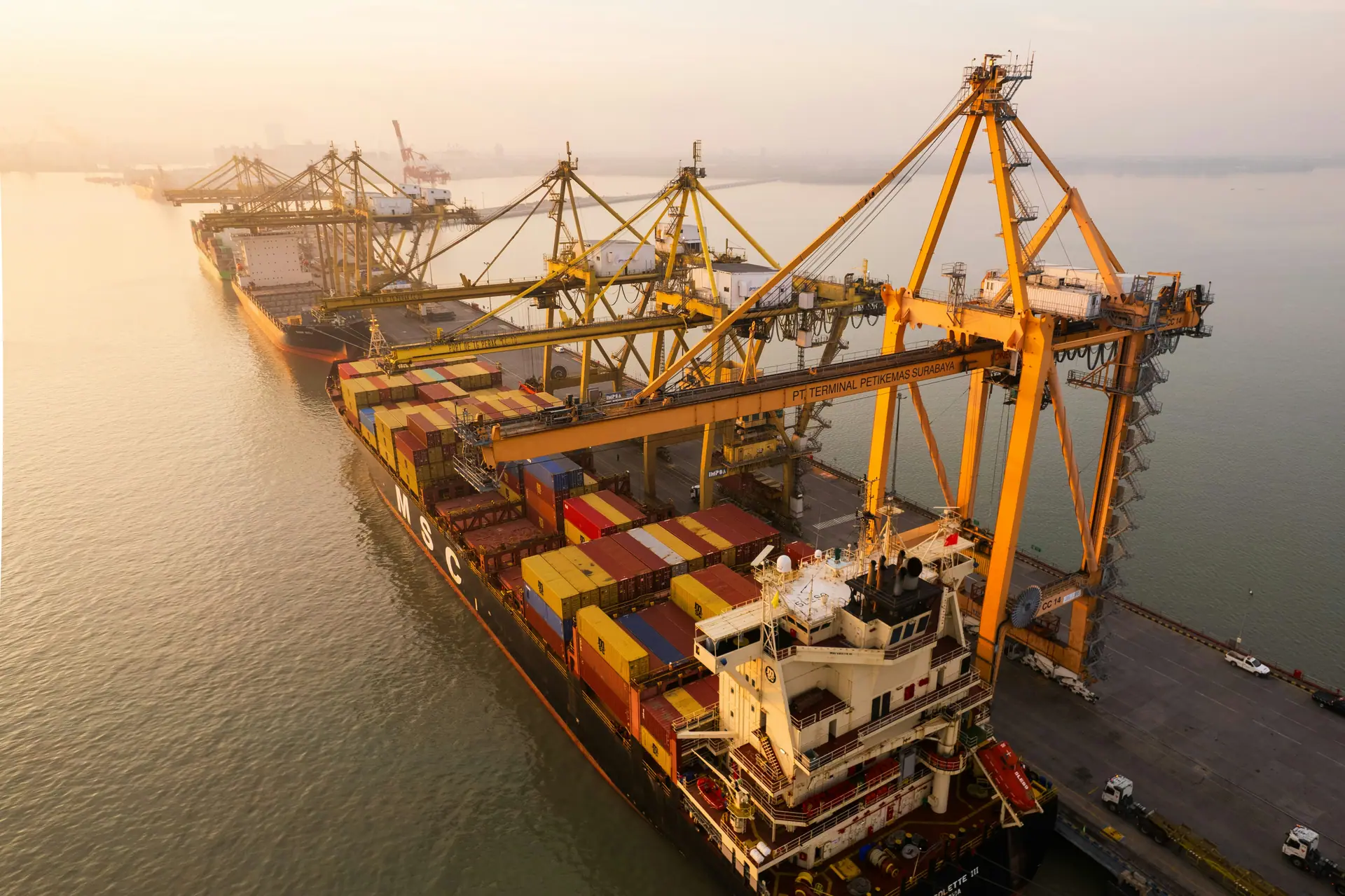 Cargo vessel alongside a terminal with gantry cranes working.