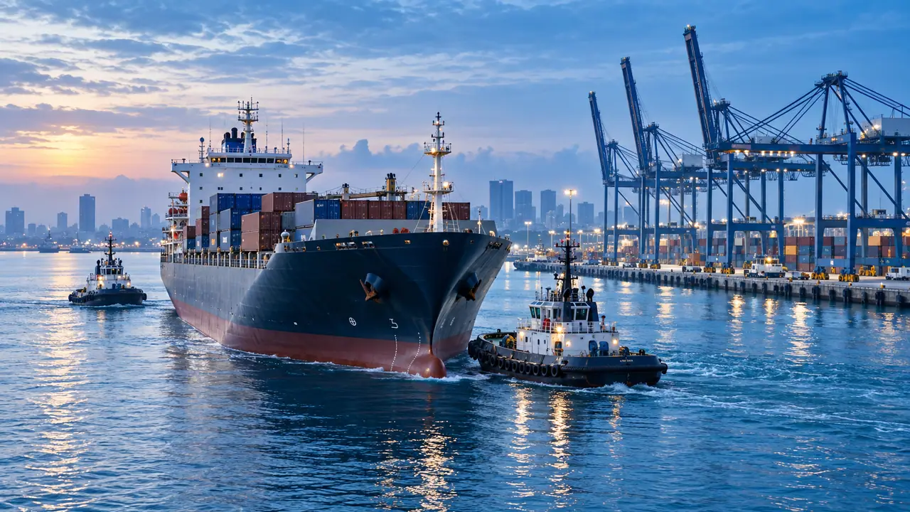 Container vessel inbound at dusk under tug escort, approaching a terminal berth with quay cranes and a city skyline behind.