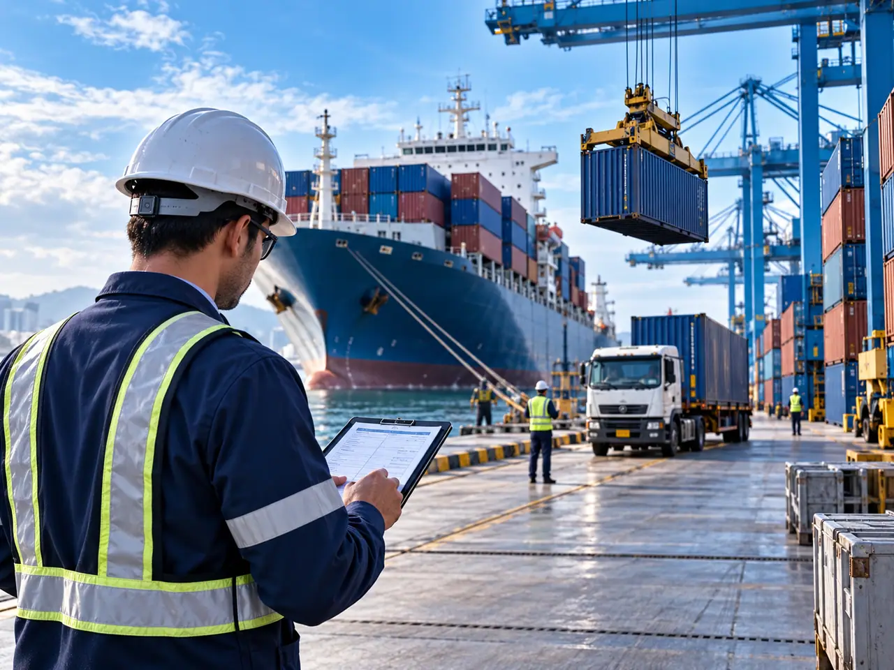 Ship-to-shore crane lifting a container from a vessel while trucks stage on the quay.