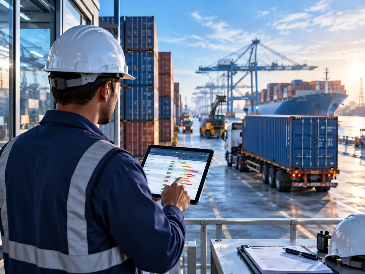 Operations officer checking live terminal status on a tablet while trucks and a container vessel work at the berth behind.